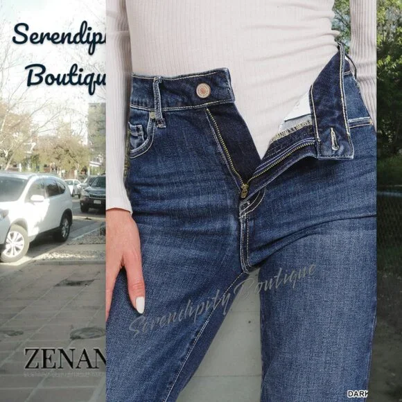 Zenana Super Stretch High Rise Bell Bottom Retro 70s Dark Wash Jeans - Picture 12 of 16